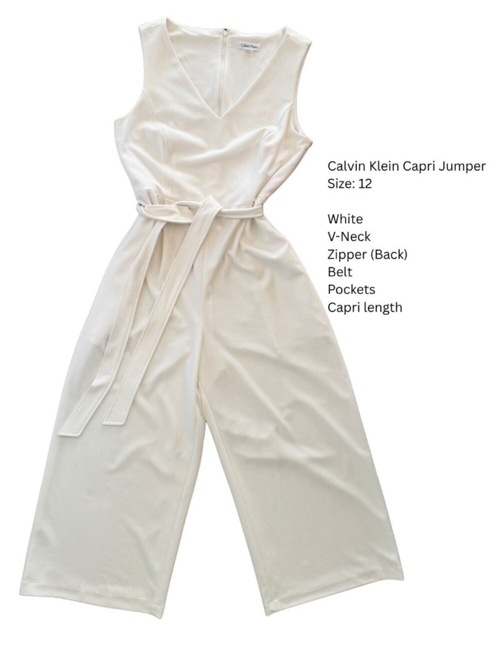Calvin Klein Women’s White Capri Jumpsuit Size 12 Belted V-Neck Wide Leg